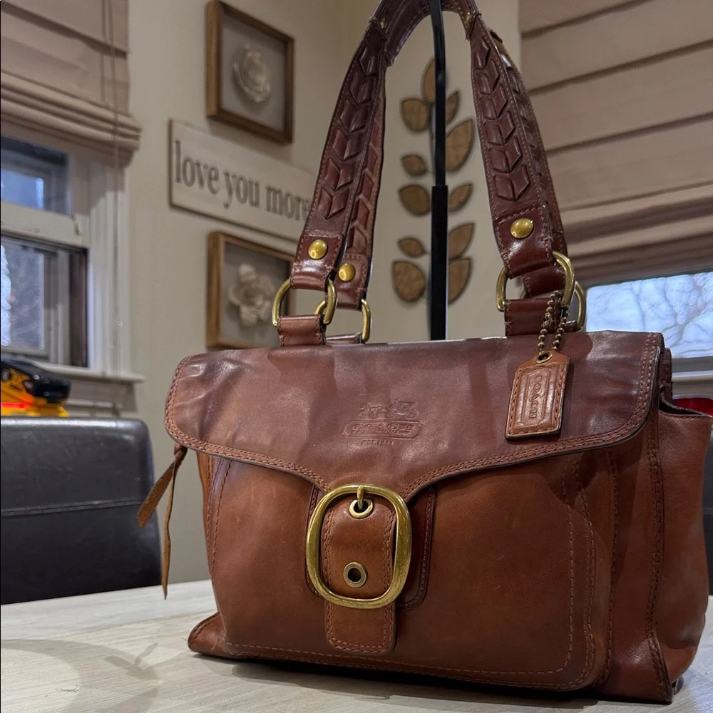 Coach Legacy Bleeker Tattersall Brown Leather Shoulder Bag with Gold Buckle - Picture 1 of 15